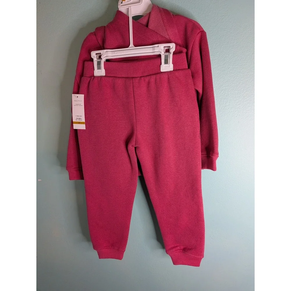 Nautica Girls 3T Raspberry Pink Anchor Graphic Hoodie and Jogger 2-Piece Set NEW